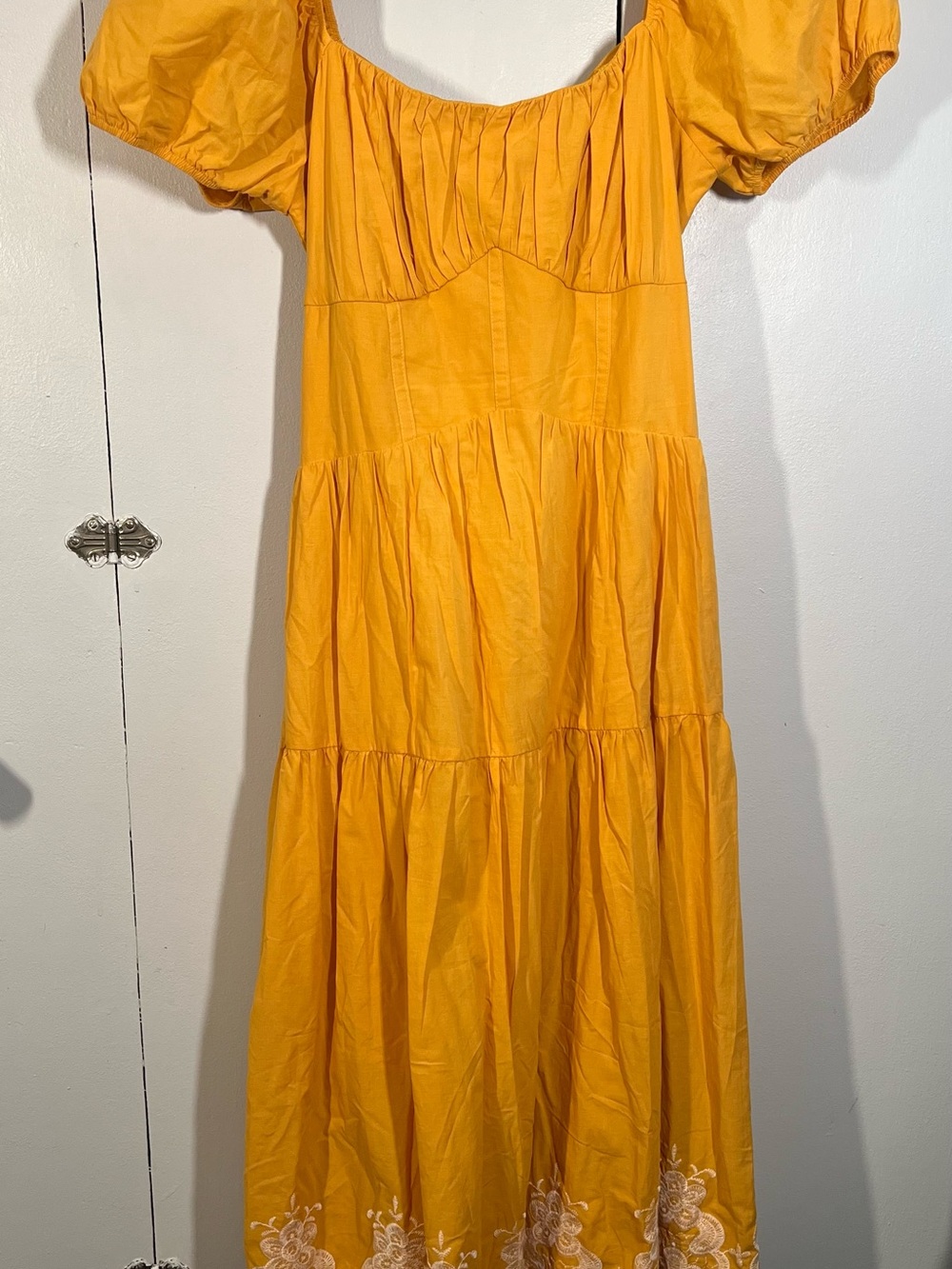 Francesca's Collections Mustard Puff-Sleeve Tiered Midi Dress